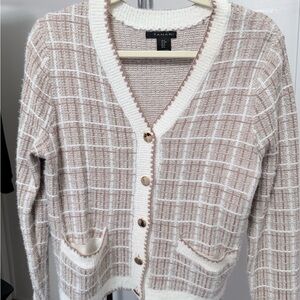 Tahari Beige and White Checkered Cardigan